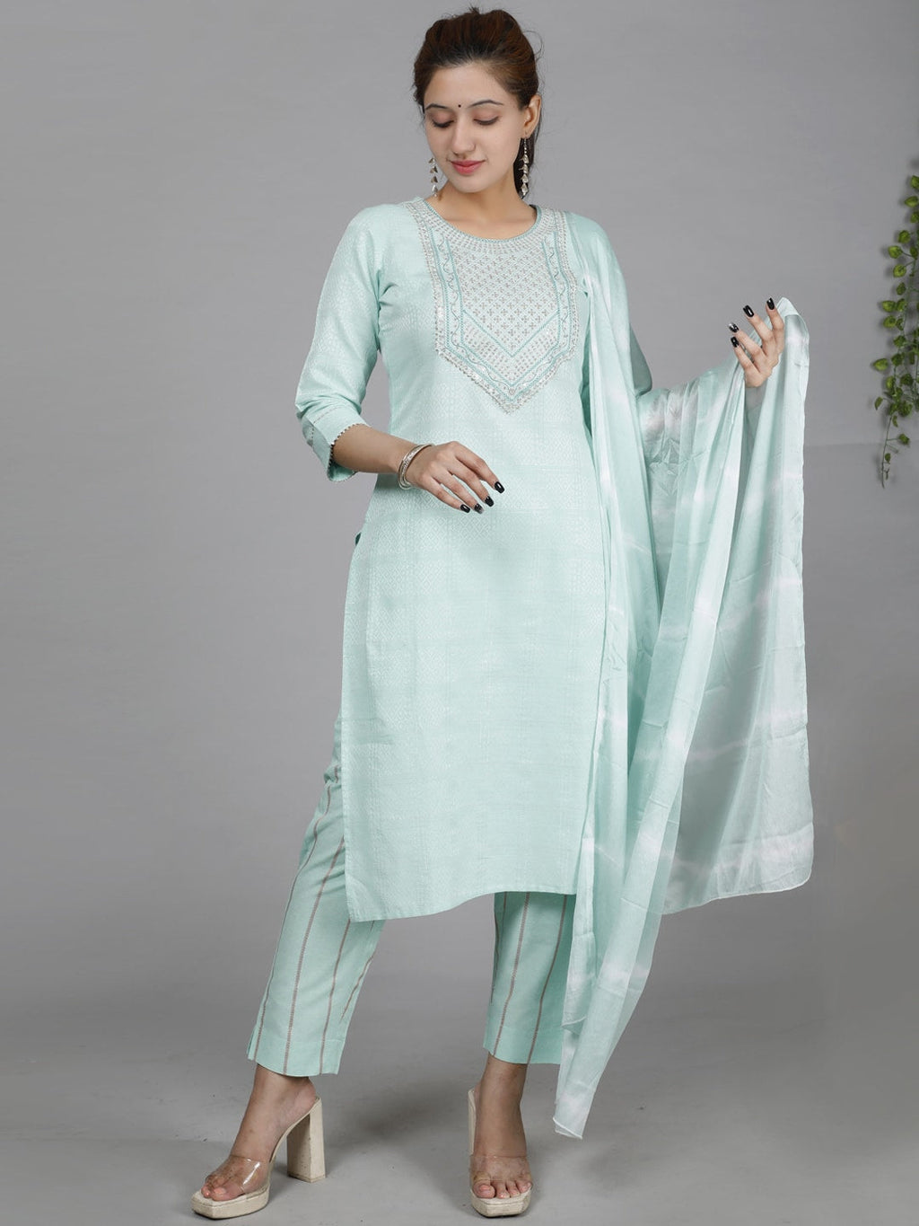 HERE&NOW Green Ethnic Motifs Embroidered Sequined Cotton Kurta Set | Grocsy