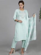 HERE&NOW Green Ethnic Motifs Embroidered Sequined Cotton Kurta Set | Grocsy