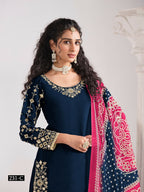 Anaita Navy Blue Roman Silk Stitched Suit with Embroidery & Real Mirror Work | Grocsy