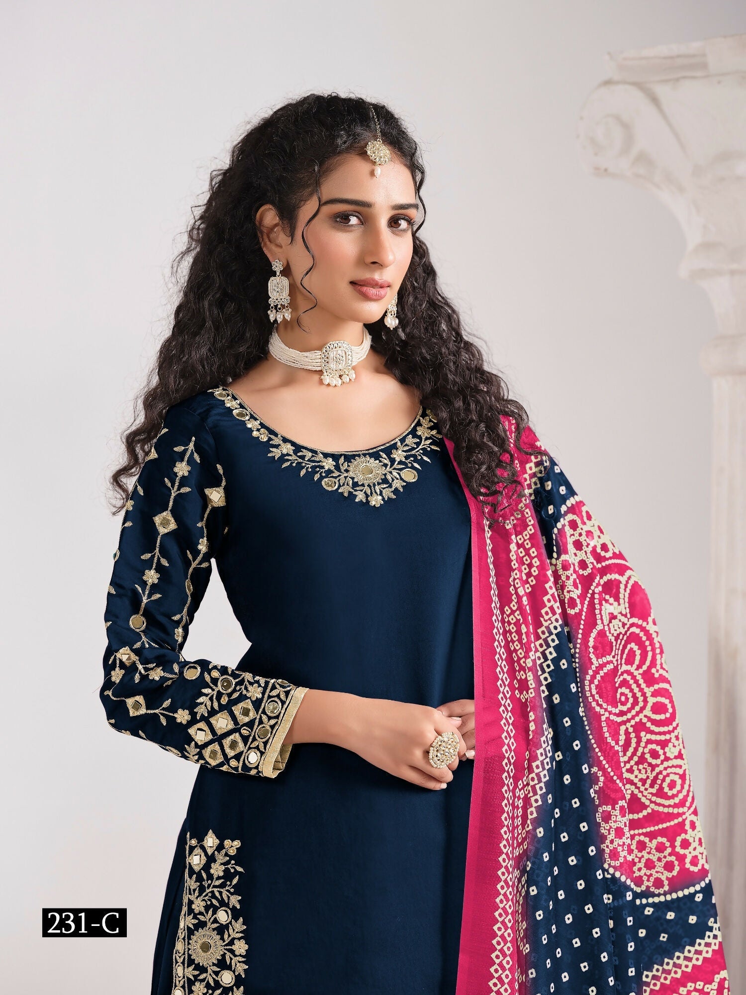 Anaita Navy Blue Roman Silk Stitched Suit with Embroidery & Real Mirror Work | Grocsy