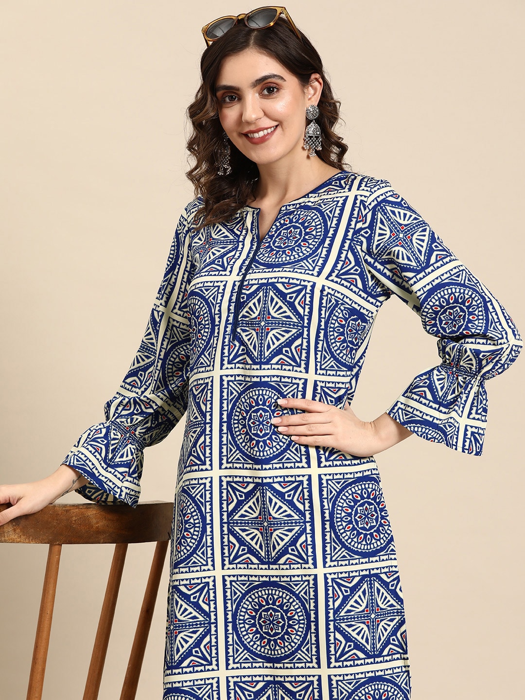 Sangria Ethnic Motifs Printed Puff Sleeves Kurta with Dhoti Pants | Grocsy