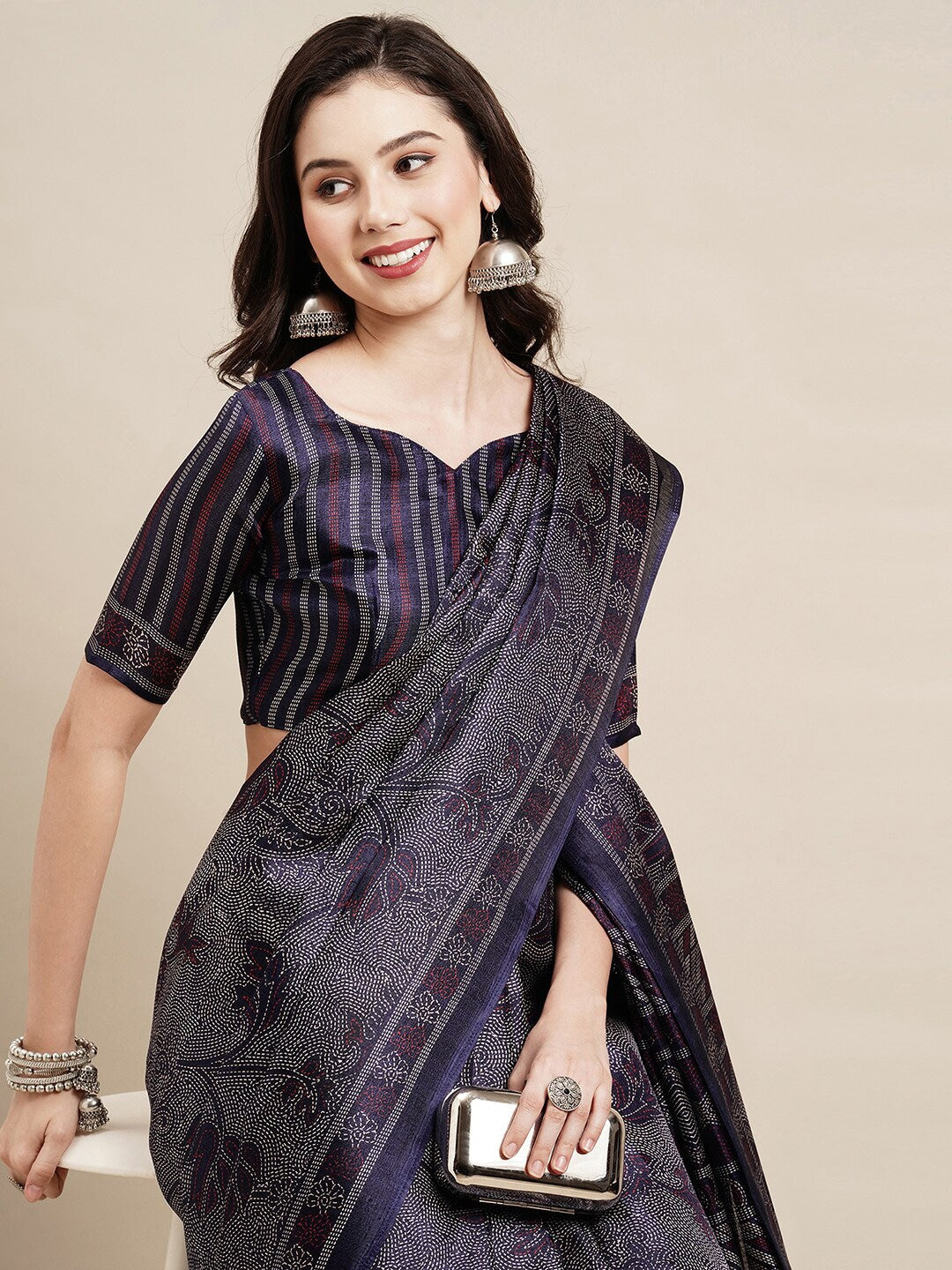Saree Mall Navy Blue & Grey Floral Art Silk Bhagalpuri Sarees | Grocsy