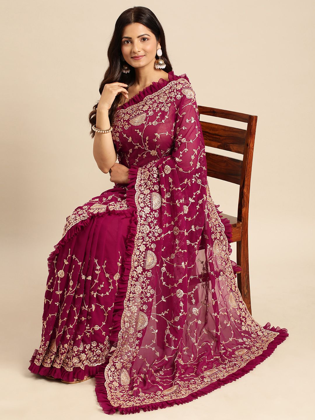 kasee Floral Zari Pure Georgette Saree | Grocsy
