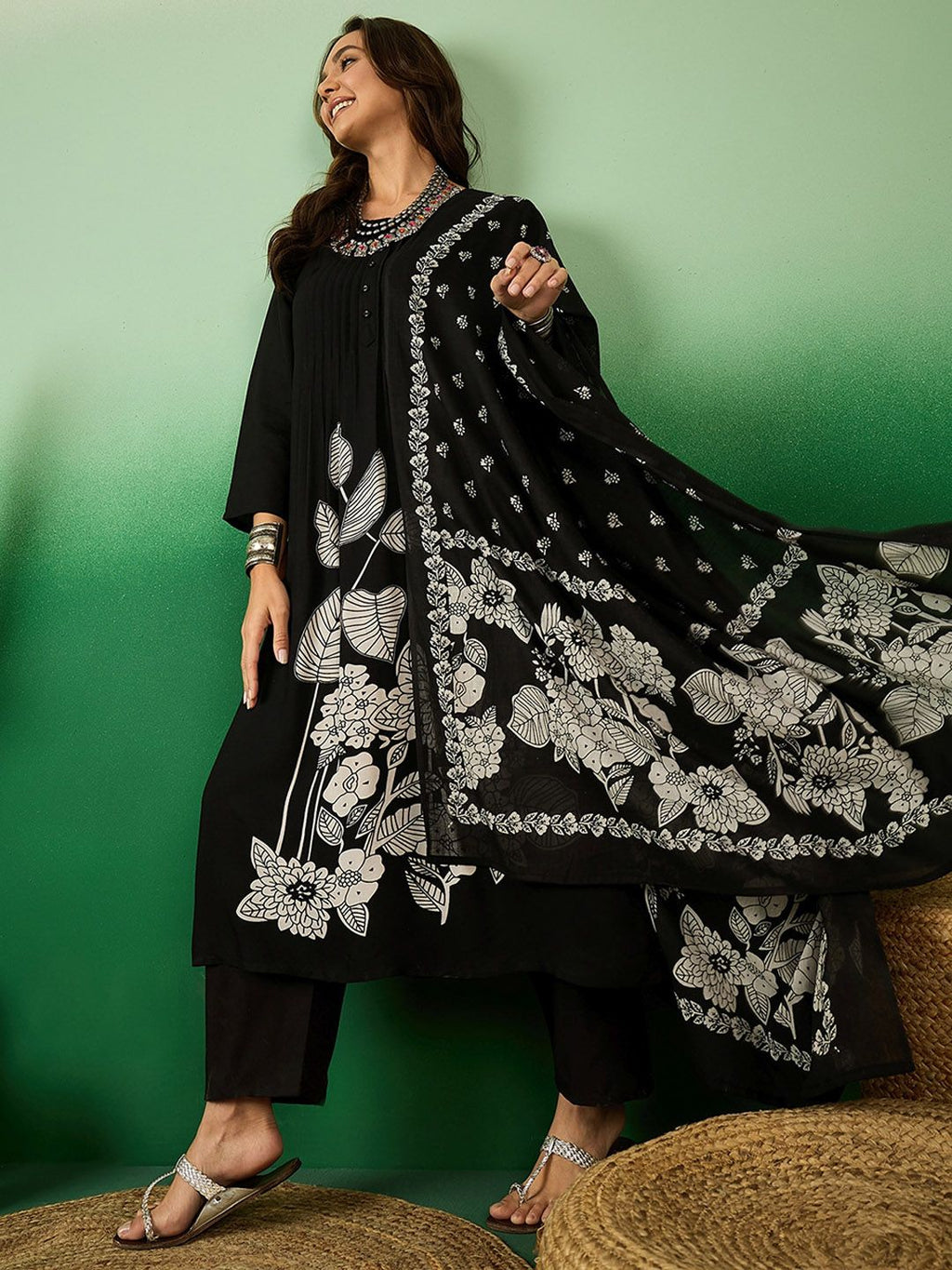 Sangria Floral Printed A-Line Kurta With Trouser & Dupatta | Grocsy