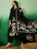 Sangria Floral Printed A-Line Kurta With Trouser & Dupatta | Grocsy