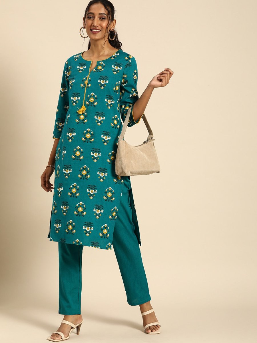 All About You Women Teal Blue Floral Printed Regular Pure Cotton Kurta with Trousers | Grocsy