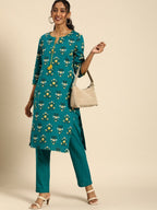 All About You Women Teal Blue Floral Printed Regular Pure Cotton Kurta with Trousers | Grocsy
