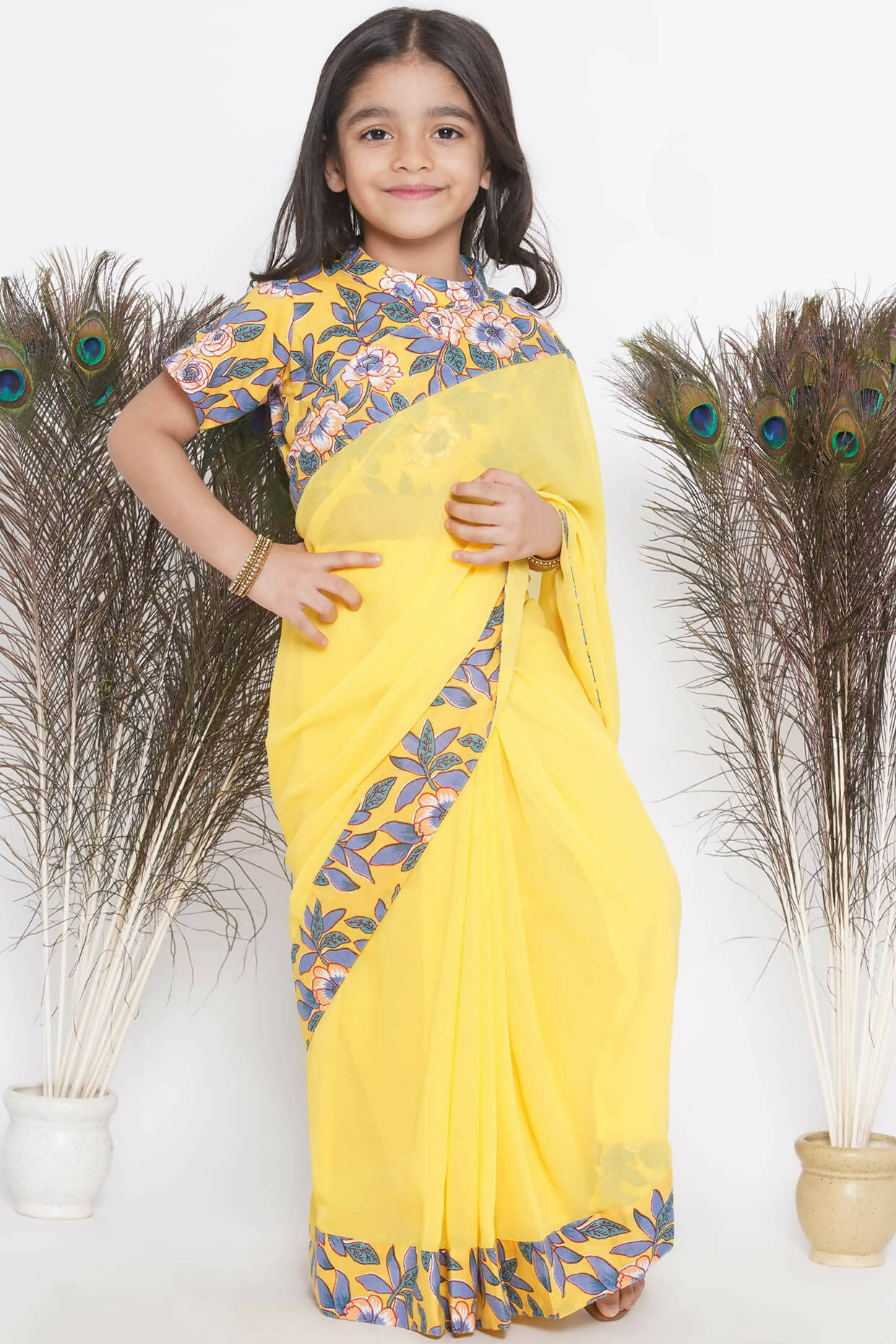 Little Bansi Floral Print Ready To Wear Saree And Floral Blouse - Yellow | Grocsy