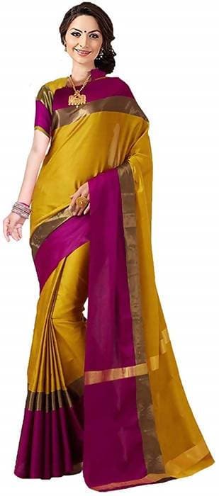 Vamika Mustard Cotton Silk Weaving Saree (Shreeji Gold Pink) | Grocsy