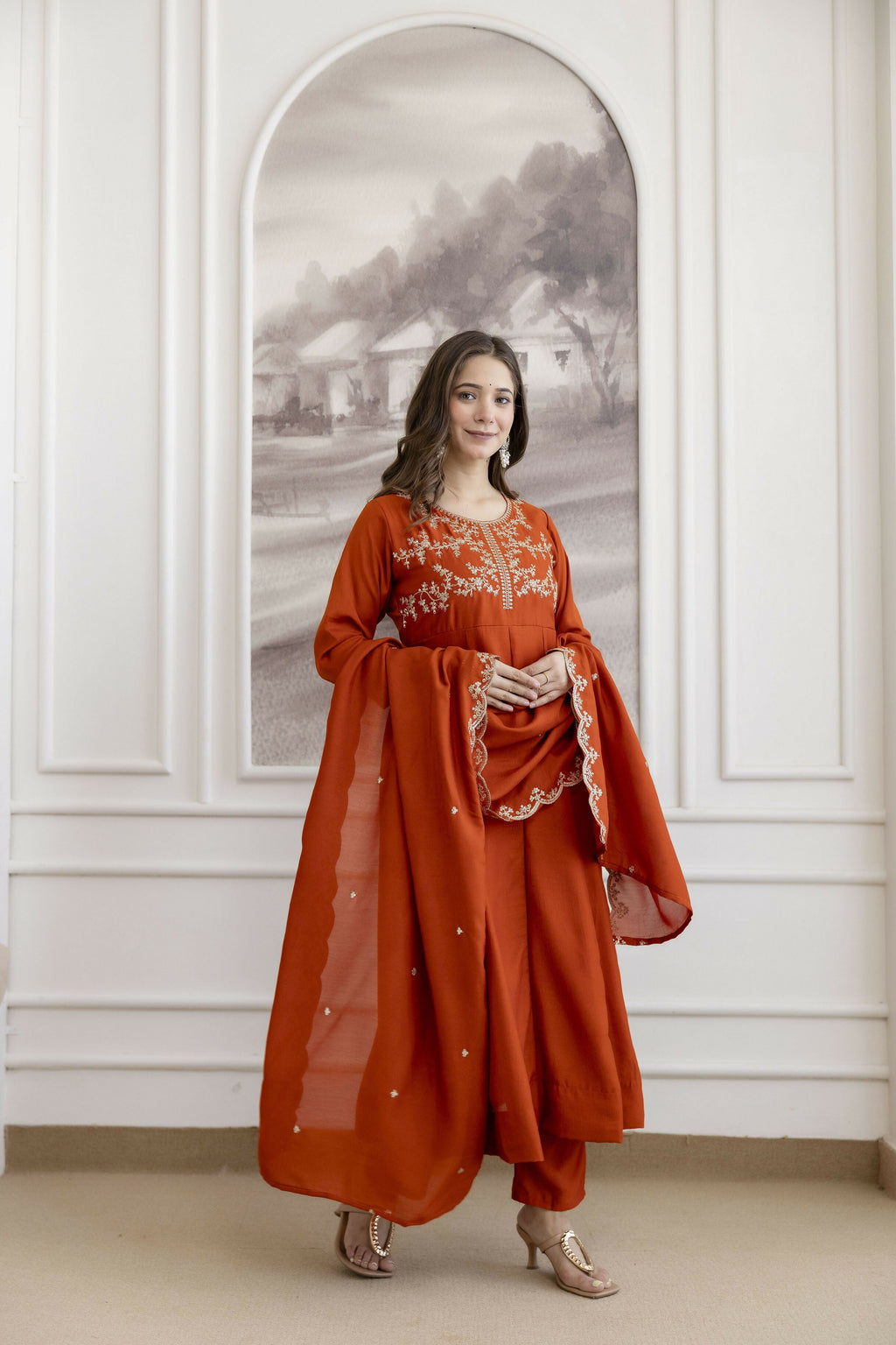 The52 Orange Women's Beautiful Vichitra Silk Fabric Embroidered Work Flared Anarkali Pant and Dupatta Set | Grocsy