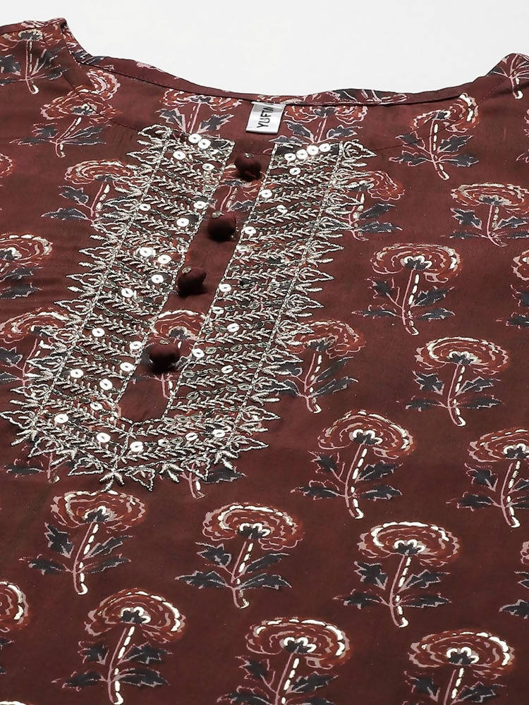 Yufta Women Maroon Floral Printed Regular Kurta with Palazzo & With Dupatta | Grocsy