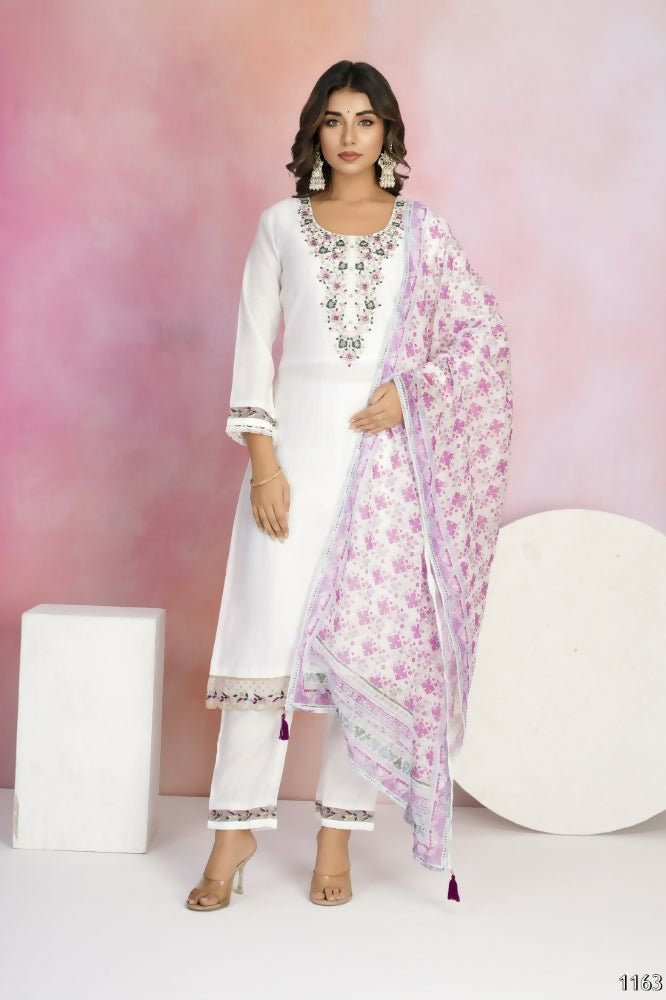 Ethnic Festive Wear Viscose Chanderi White Stitched Suit With Dupatta - Tanisha | Grocsy