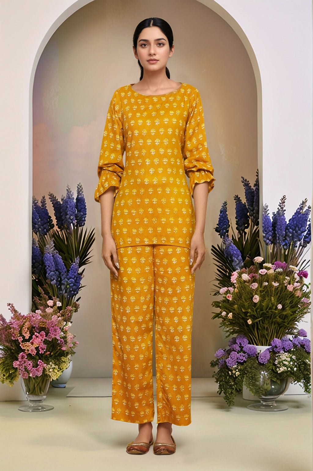 Joban Fashion Mustard Flower Printed Cotton Top With Front Knot And Maching Palazzo Pant | Grocsy
