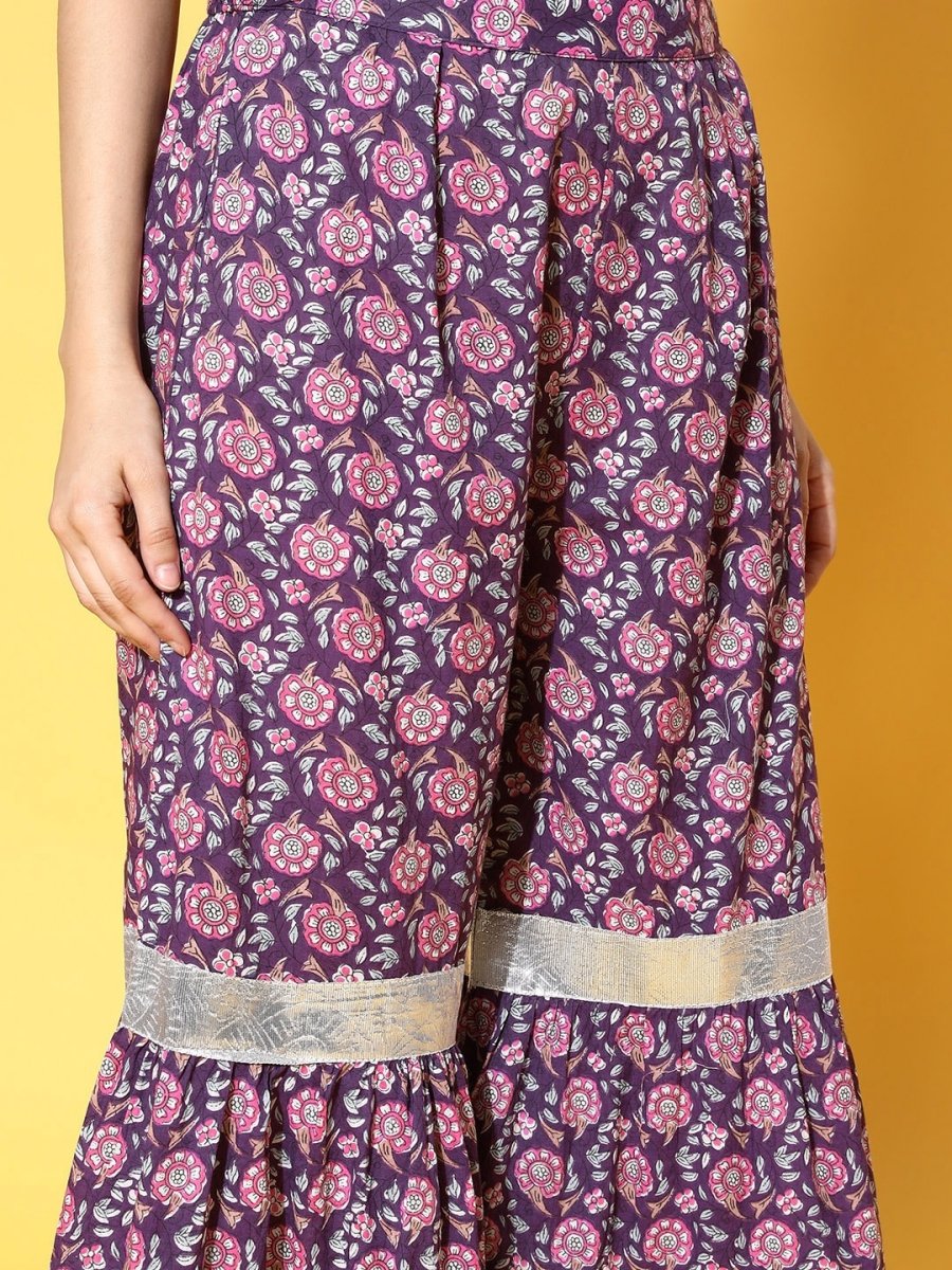 All About You Women Purple Floral Printed Regular Gotta Patti Pure Cotton Kurta with Sharara | Grocsy