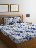 BOMBAY DYEING Blue & White Floral Cotton 144 TC Queen Bedsheet With 2 Pillow Covers | Grocsy