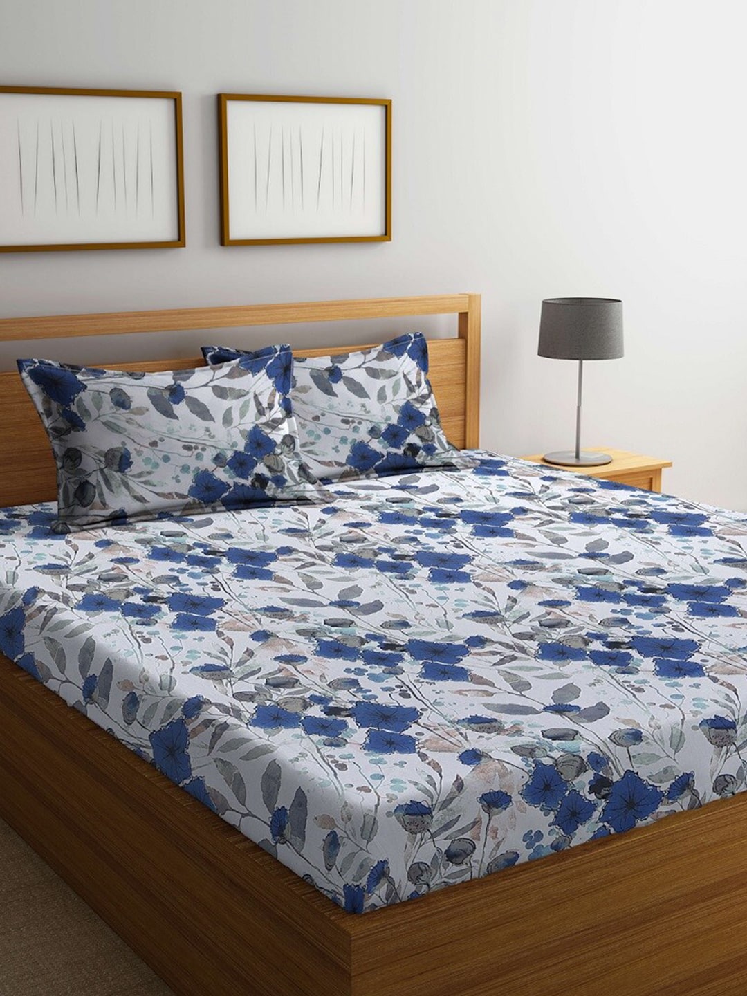 BOMBAY DYEING Blue & White Floral Cotton 144 TC Queen Bedsheet With 2 Pillow Covers | Grocsy
