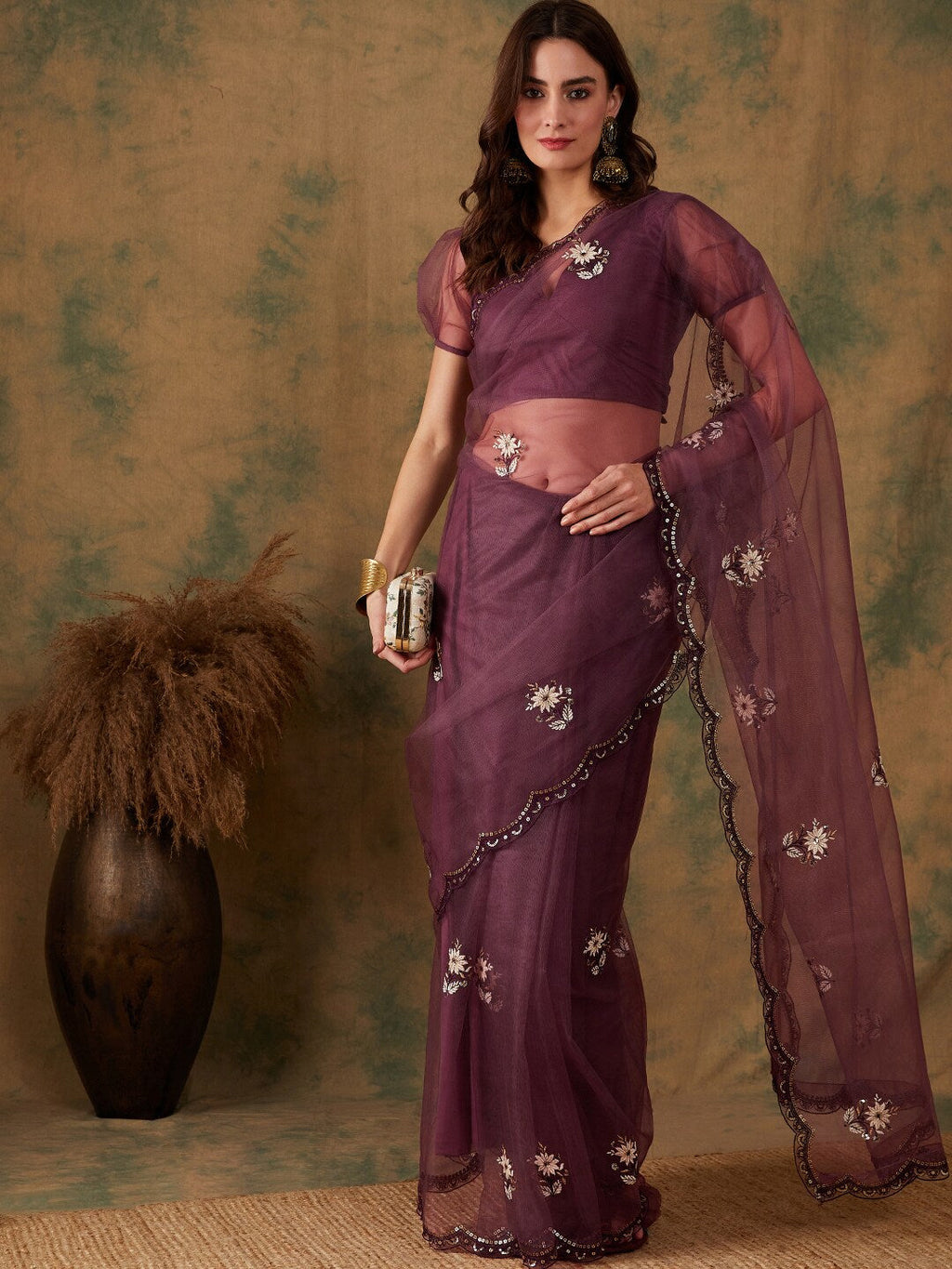 Sangria Purple Floral Embroidered Beads and Stones Embellished Net Saree | Grocsy