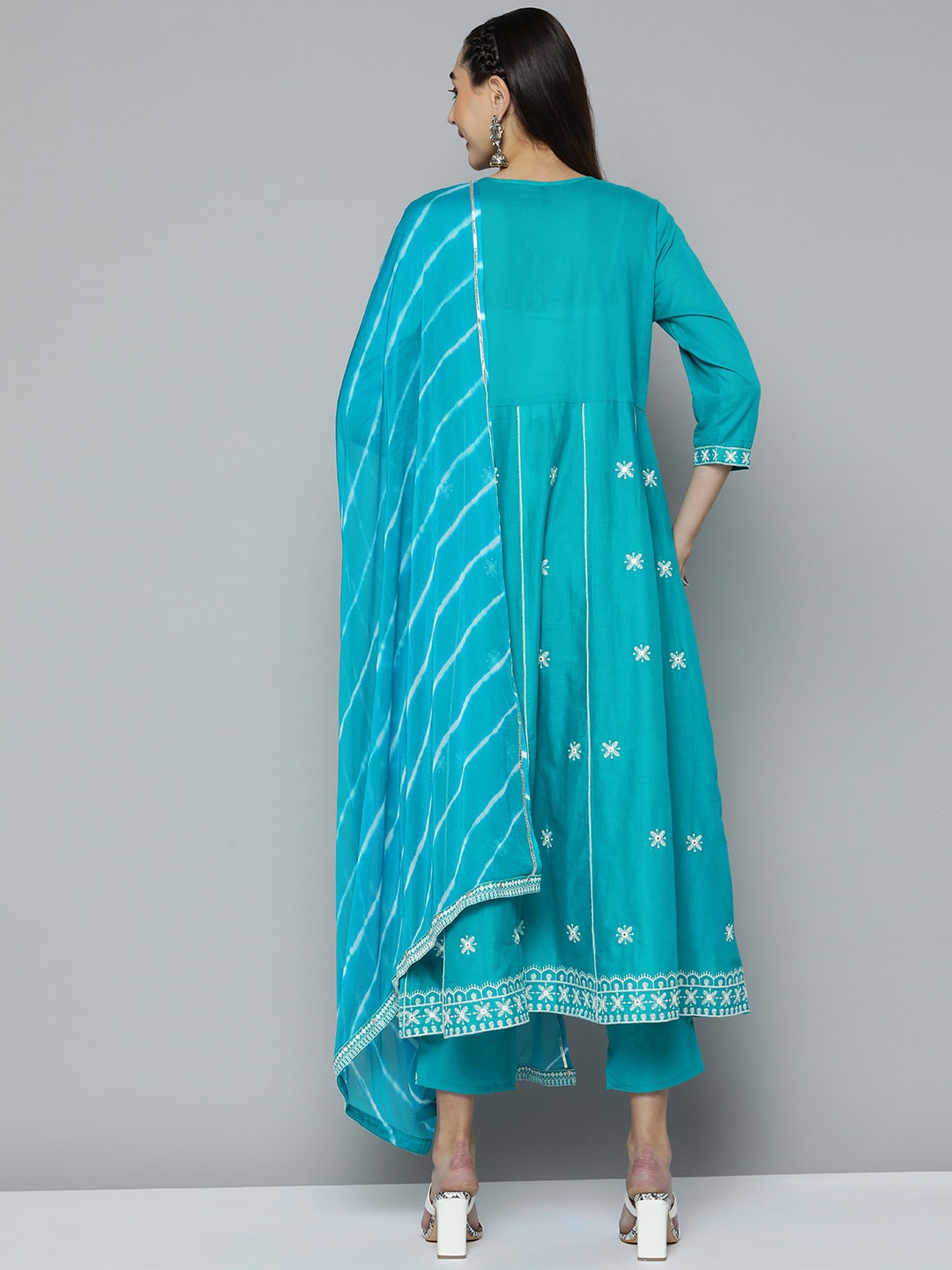 HERE&NOW Women Blue Ethnic Motifs Embroidered Thread Work Kurta with Trousers & With Dupatta | Grocsy