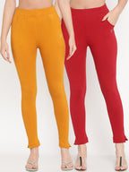 TAG 7 Women Pack of 2 Mustard Yellow & Magenta Solid Kurti Pants | Grocsy