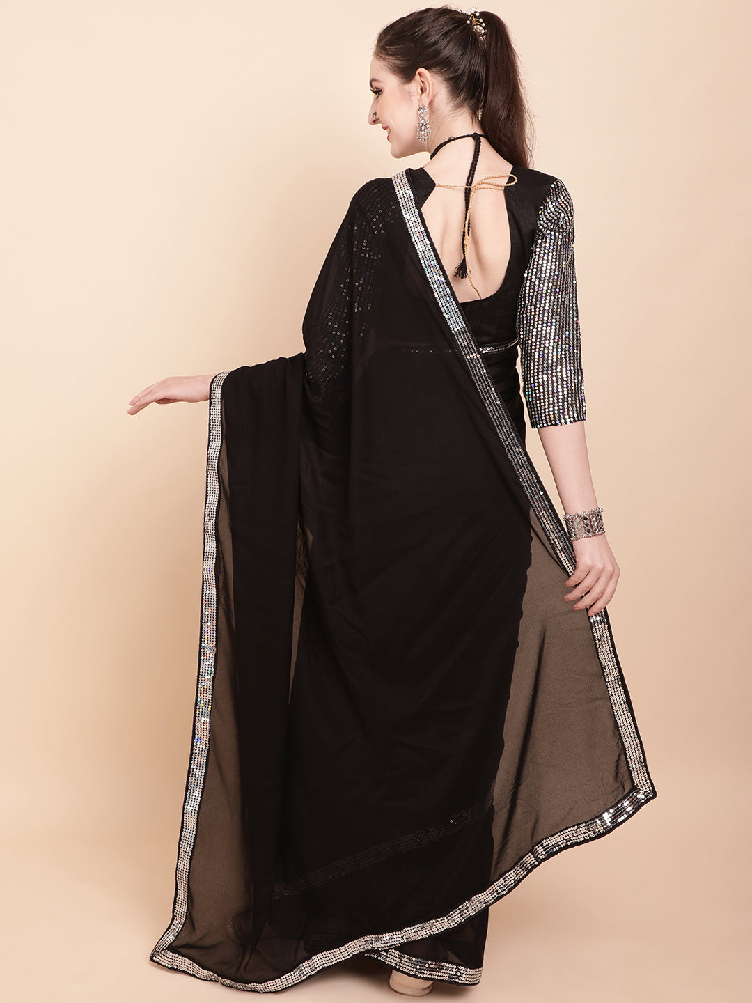Sangria Black & Silver-Toned Sequinned Pure Georgette Celebrity Saree | Grocsy