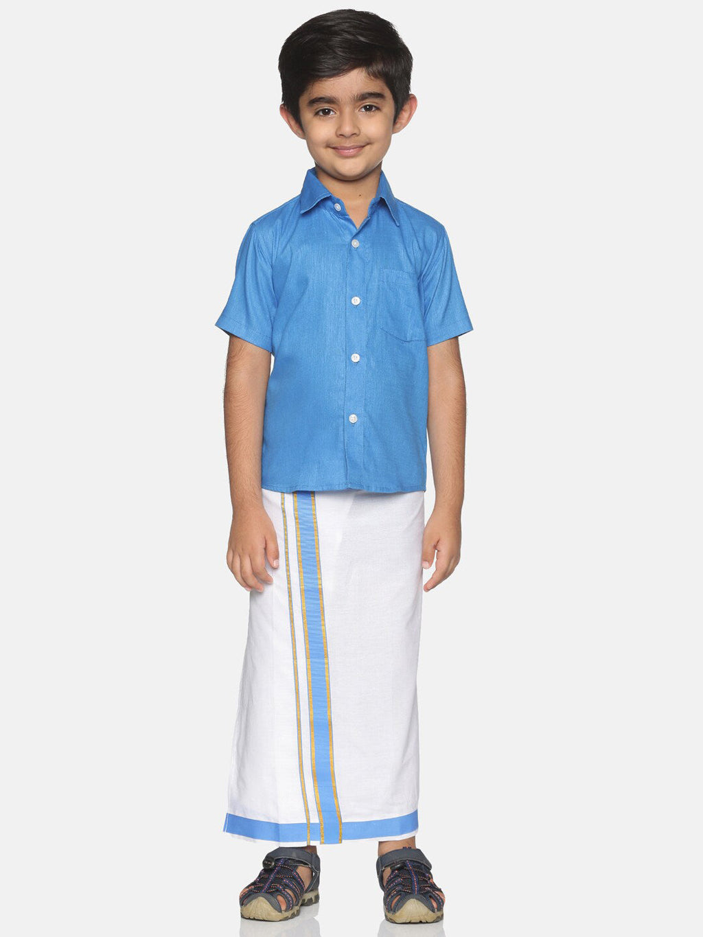 Sethukrishna Boys Blue & White Solid Shirt and Veshti Set | Grocsy