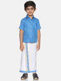 Sethukrishna Boys Blue & White Solid Shirt and Veshti Set | Grocsy