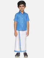 Sethukrishna Boys Blue & White Solid Shirt and Veshti Set | Grocsy