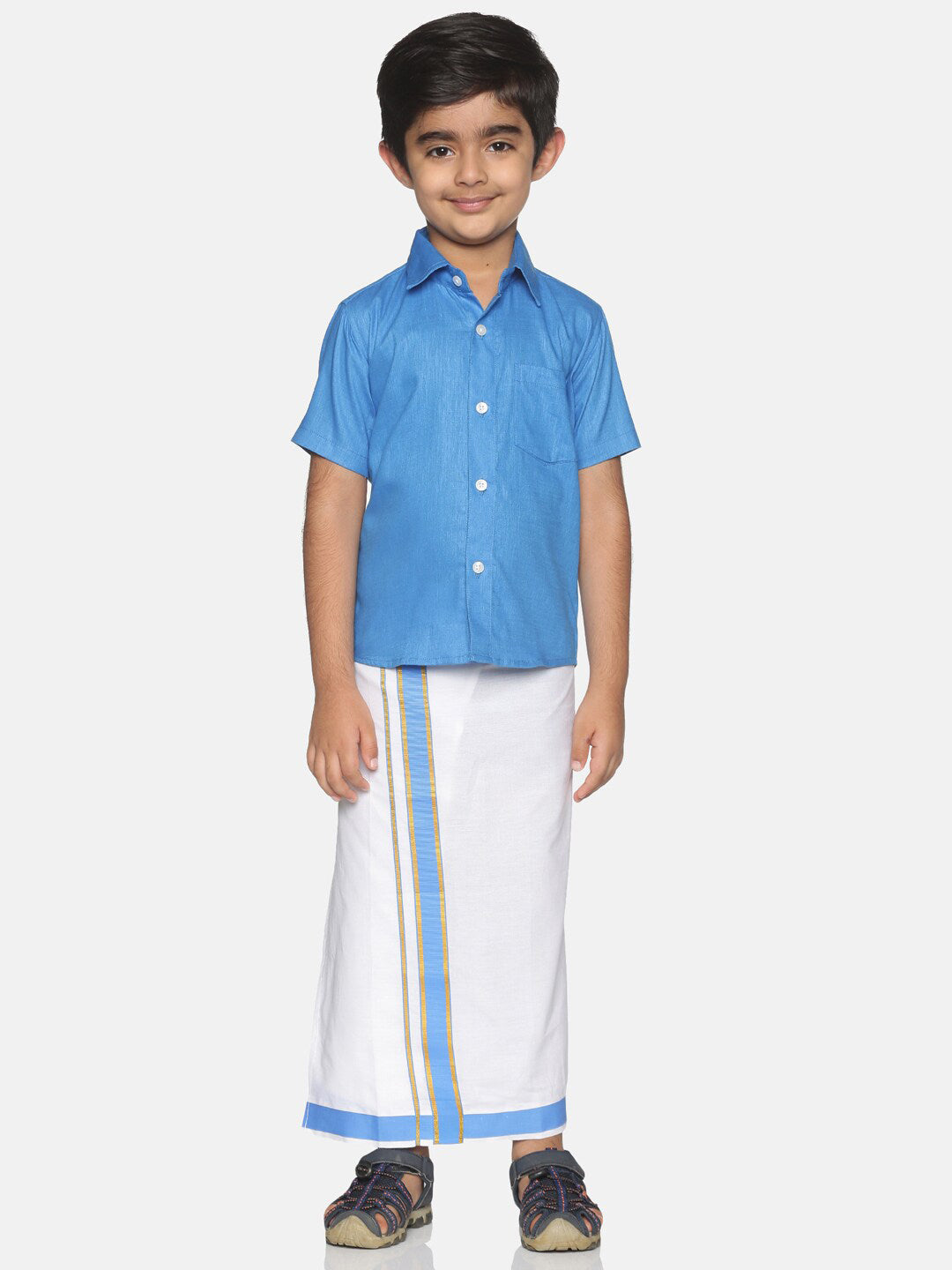 Sethukrishna Boys Blue & White Solid Shirt and Veshti Set | Grocsy