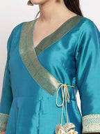 Myshka Women's Green Silk Solid 3/4 Sleeve V Neck Casual Anarkali Gown | Grocsy
