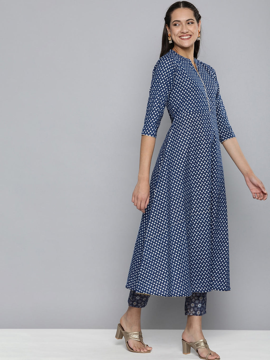 HERE&NOW Women Navy Blue Ethnic Motifs Printed Pure Cotton Kurta with Trousers & With Dupatta | Grocsy
