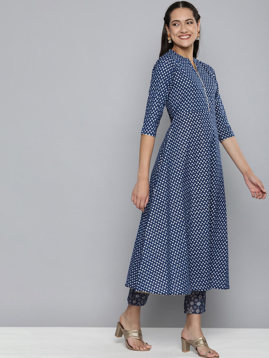 HERE&NOW Women Navy Blue Ethnic Motifs Printed Pure Cotton Kurta with Trousers & With Dupatta | Grocsy