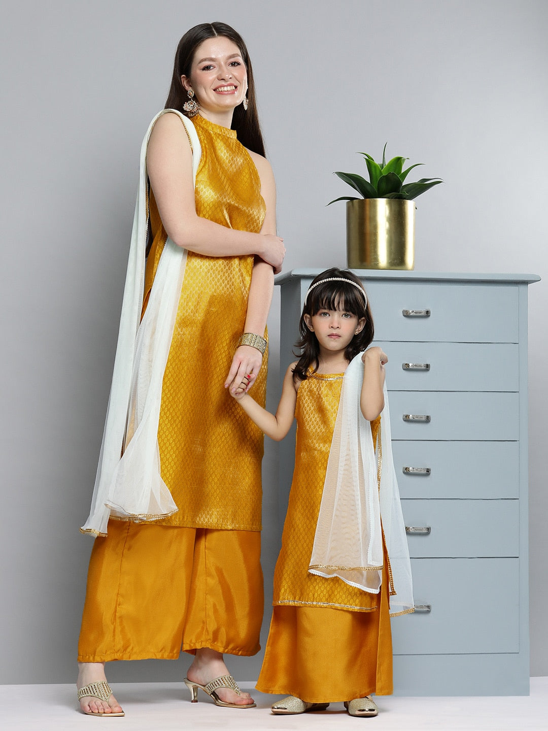 HERE&NOW Women Mustard Yellow Ethnic Motifs Kurta with Palazzos & With Dupatta | Grocsy