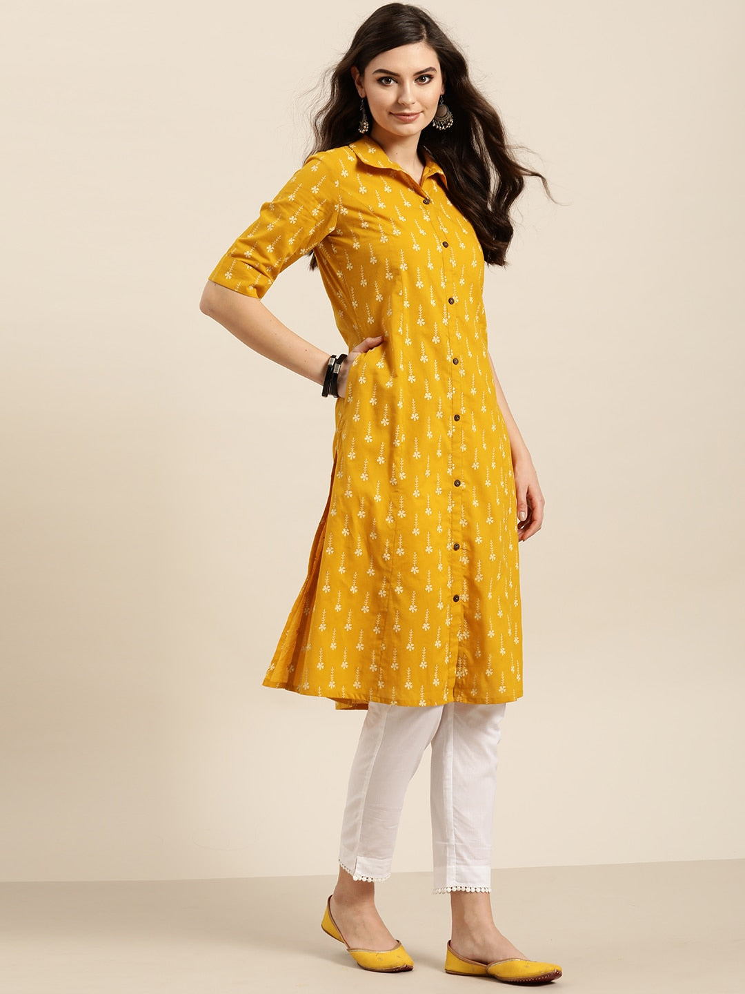 Sangria Women Mustard Yellow & White Floral Print A-Line Kurta | Grocsy