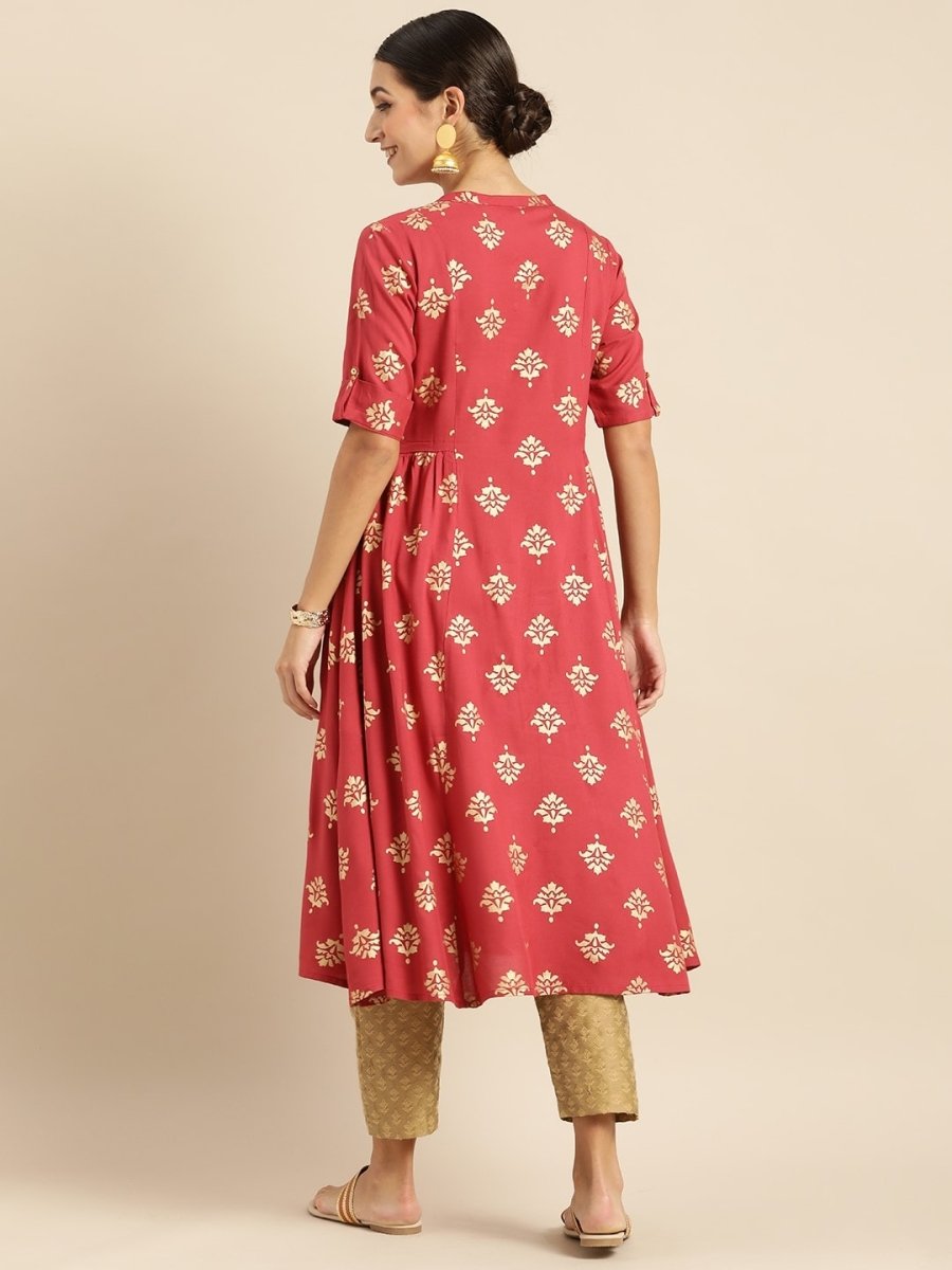 All About You Women Rust & Gold-Toned Ethnic Motifs Printed Mirror Work Kurta | Grocsy