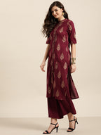 Sangria Women Maroon & Golden Pure Cotton Printed Kurta with Palazzos | Grocsy