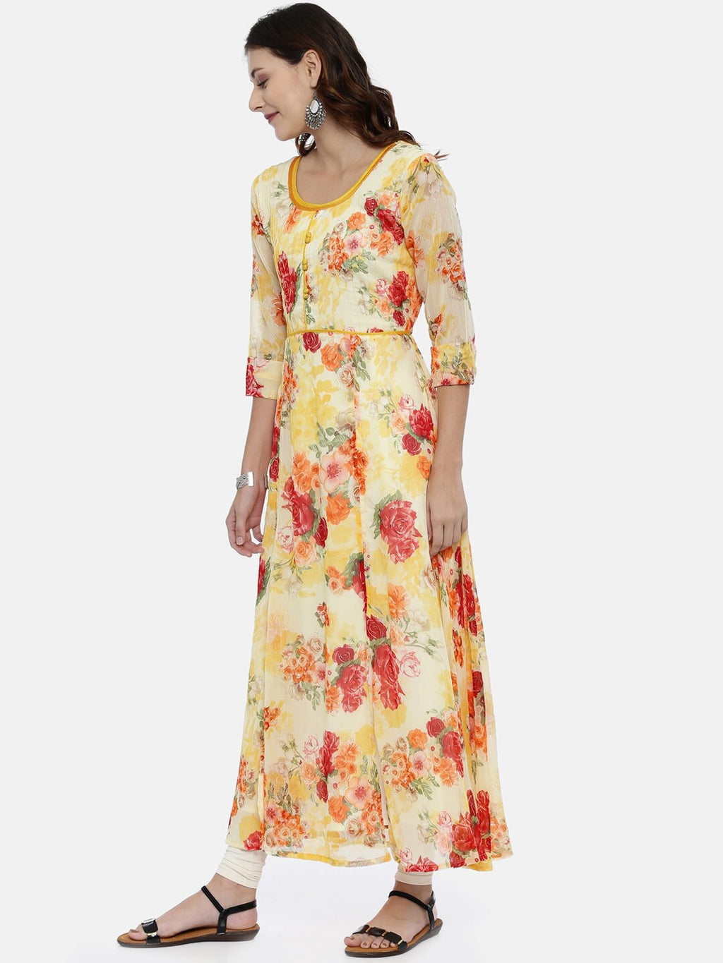 Souchii Yellow Printed A-Line Kurta | Grocsy