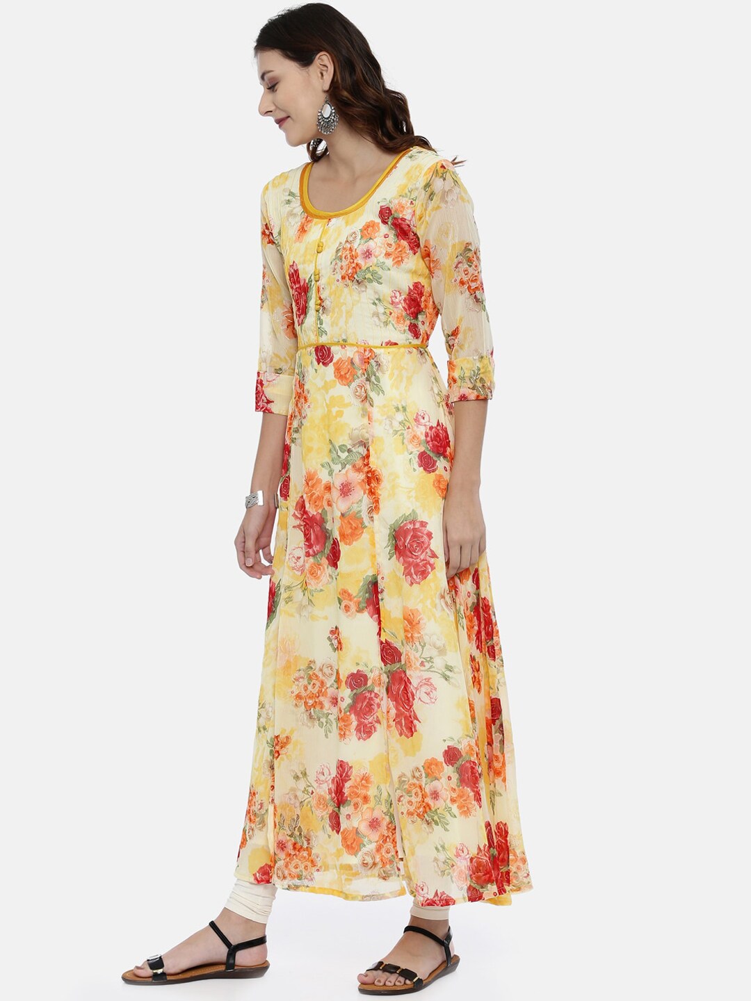 Souchii Yellow Printed A-Line Kurta | Grocsy