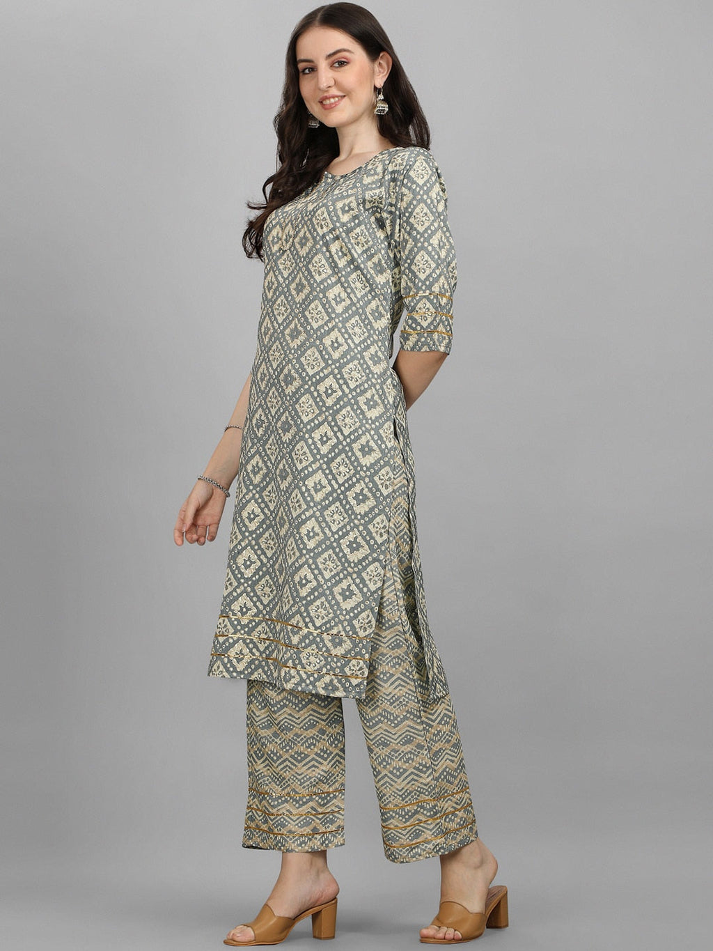 HERE&NOW Women Grey Ethnic Motifs Printed Kurta With Palazzos | Grocsy