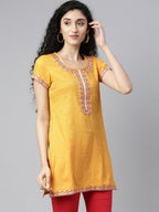 Souchii Women Yellow Embroidered Thread Work Kaftan Kurta | Grocsy