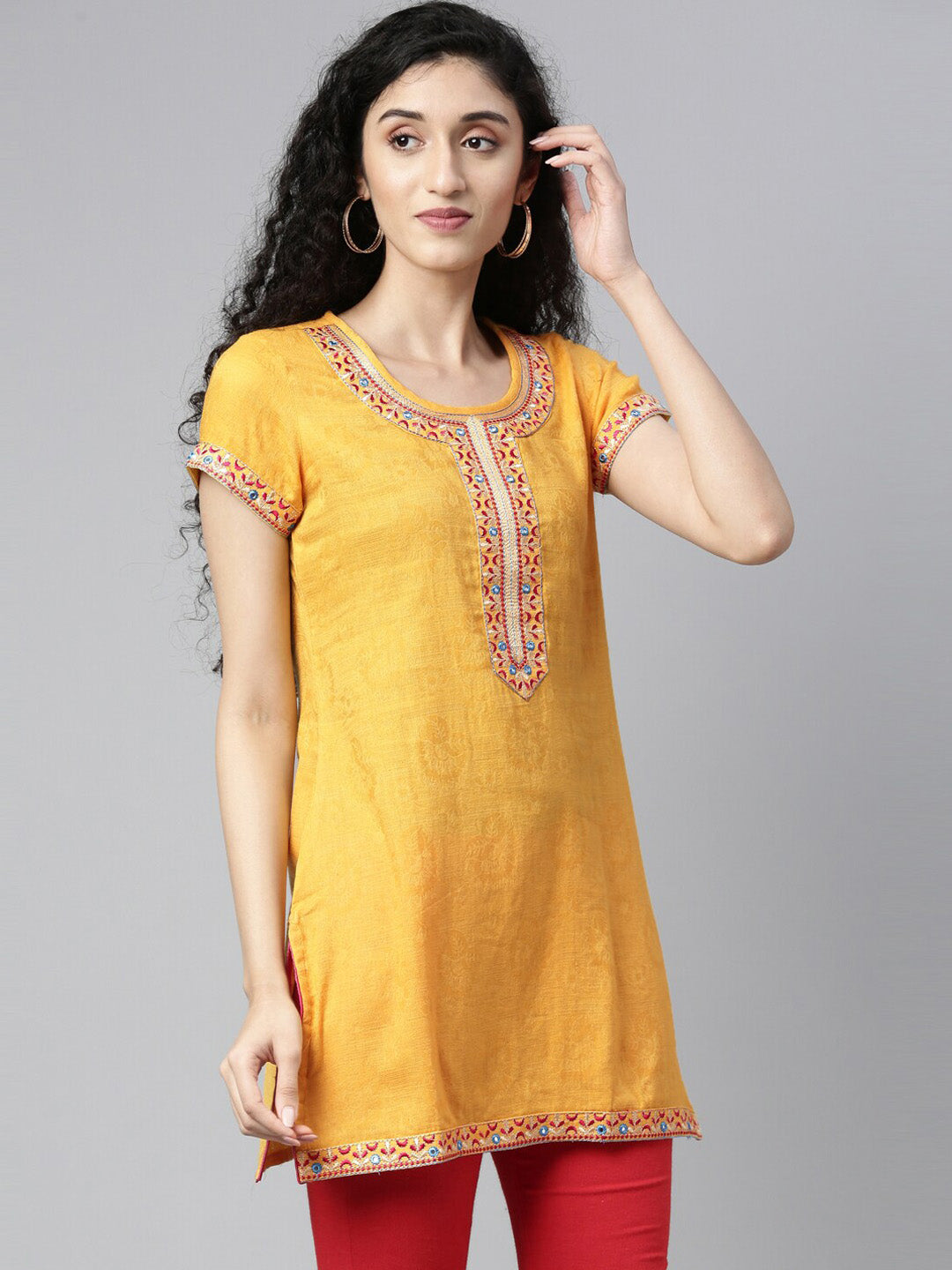 Souchii Women Yellow Embroidered Thread Work Kaftan Kurta | Grocsy
