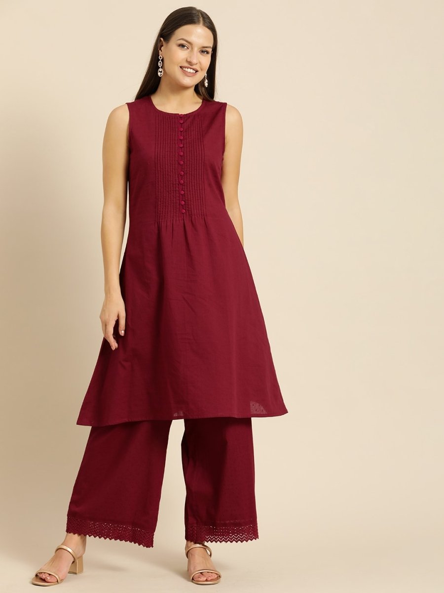 All About You Women Maroon Self Design Pure Cotton A-Line Kurta with Palazzos | Grocsy