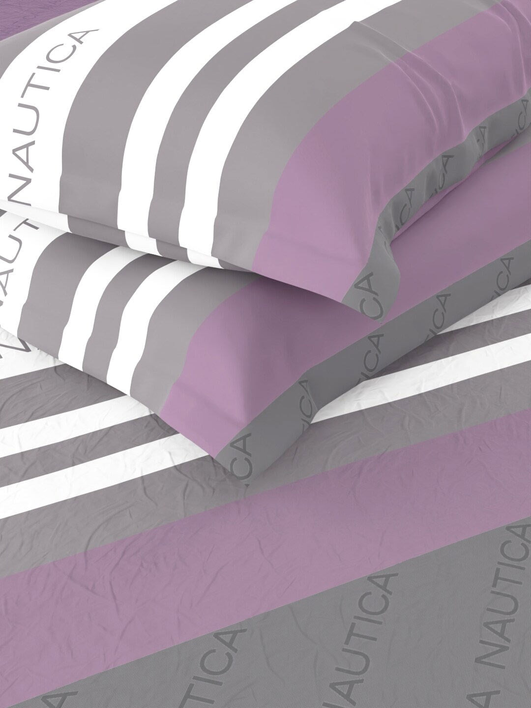 Nautica Bradford Purple & Grey Striped 160 TC Pure Cotton King Bedsheet & 2 Pillow Covers | Grocsy