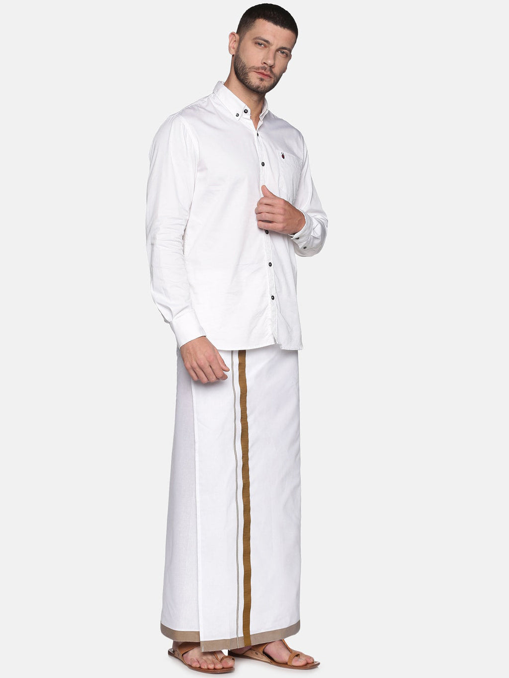 Sethukrishna Men White & Brown Solid Cotton Dhoti | Grocsy