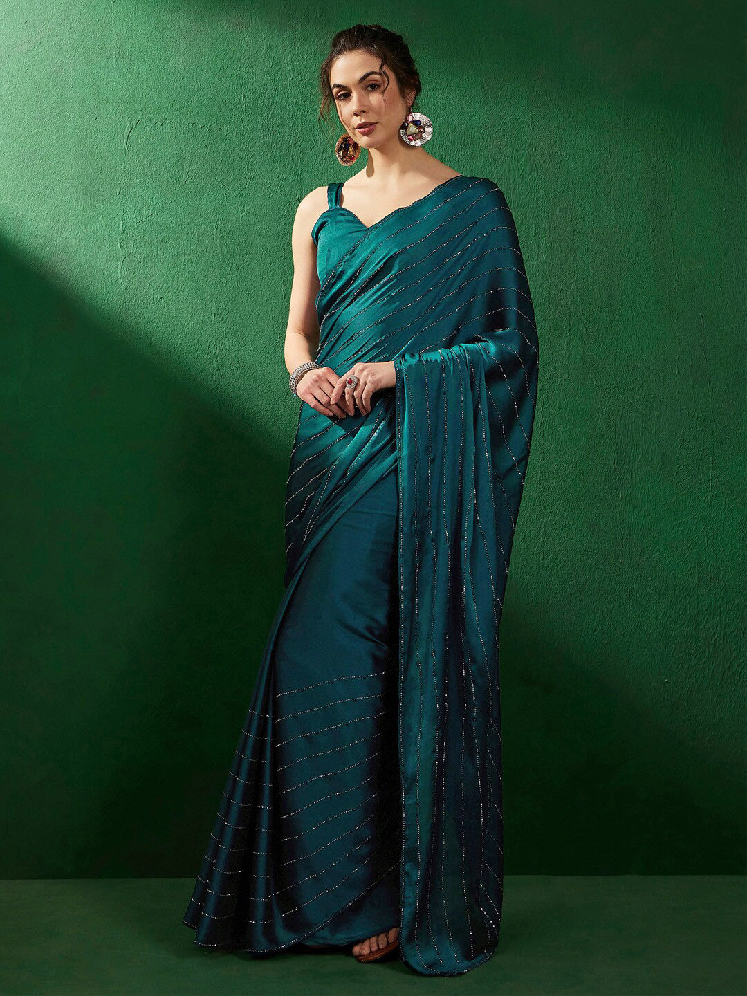 Sangria Striped Embellished Satin Beads and Stones Saree | Grocsy