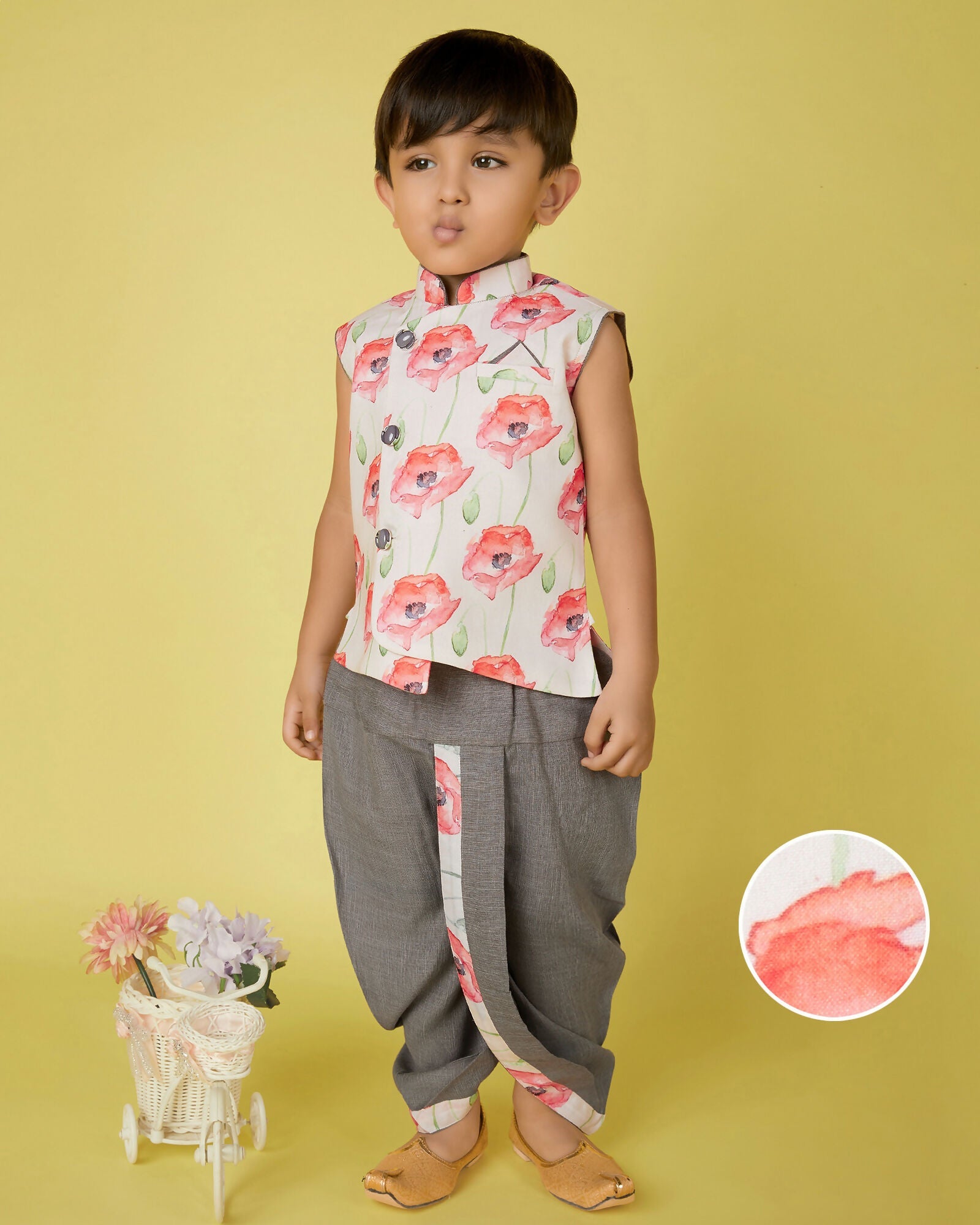 Joban Fashion Kids Island Cotton Sleeveless printed Kurta and Solid Dhoti - Grey | Grocsy