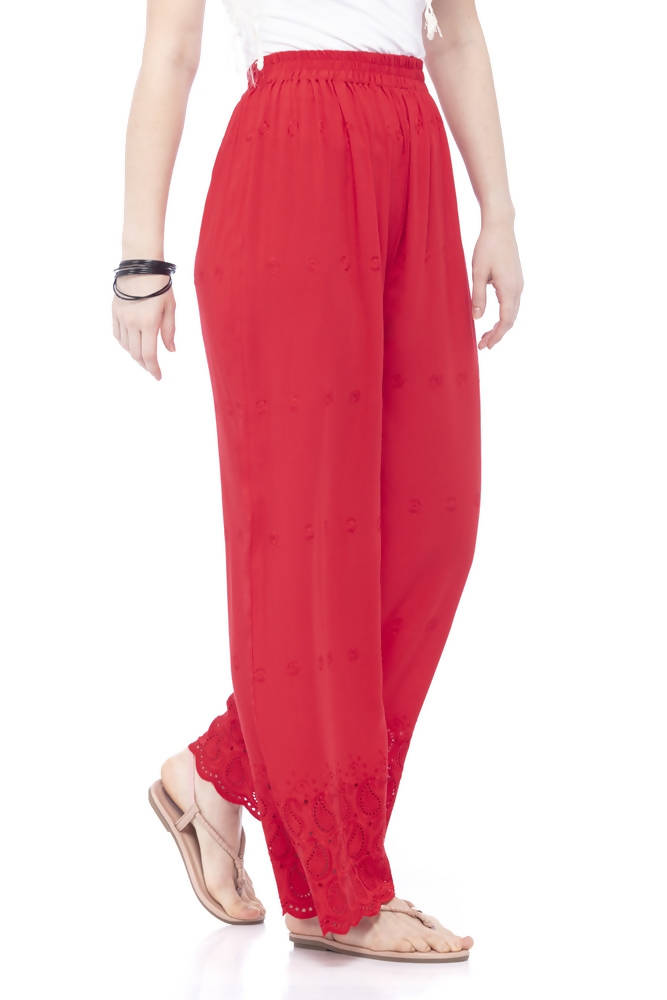 Mominos Fashion Reyon Cotton Red Embroidery Chikan Palazzo | Grocsy
