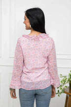 Myshka Women Pink Floral V-Neck Regular Sleeves Synthetic Georgette Top | Grocsy