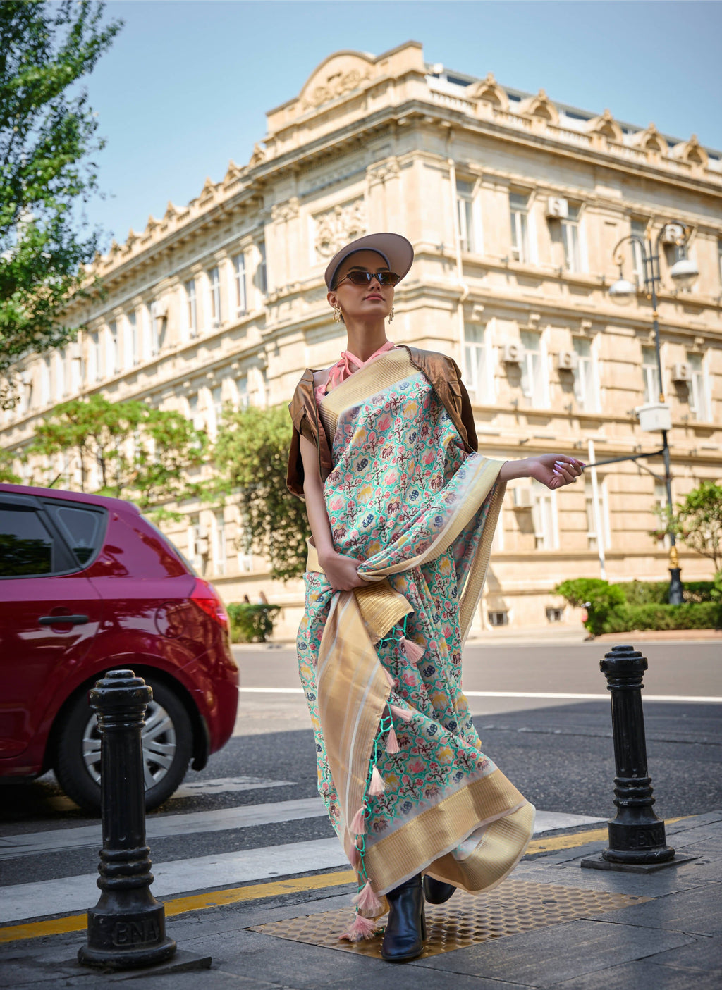 Sea Green Satin Organza Floral Woven Design Saree With Unstitched Blouse Piece - Klay's | Grocsy