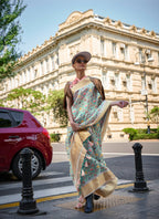 Sea Green Satin Organza Floral Woven Design Saree With Unstitched Blouse Piece - Klay's | Grocsy