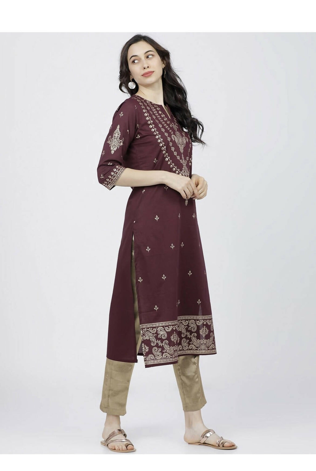 Cheera Embellished Daily Wear Cotton Blend Kurta - Dark Brown | Grocsy